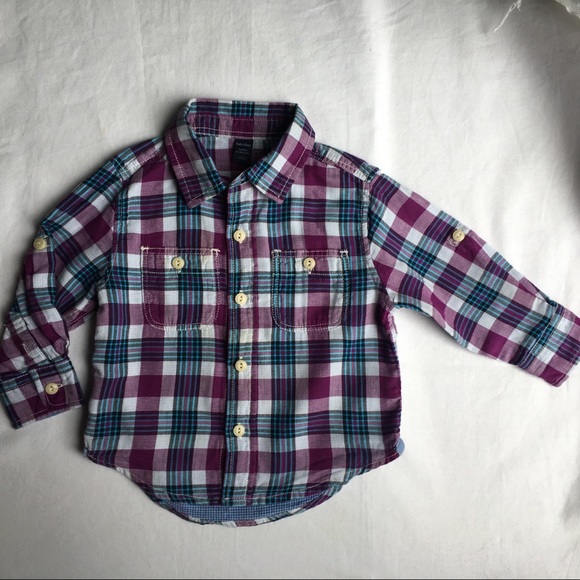 Gap shirt size 12 18 months plaid lined blue purple boys cotton button down - Picture 2 of 16
